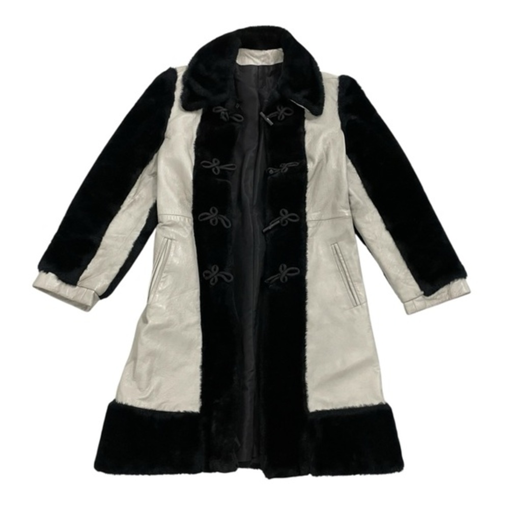Vintage Midi Length Leather Coat Faux Fur Trim Fisherman Toggle Buttons